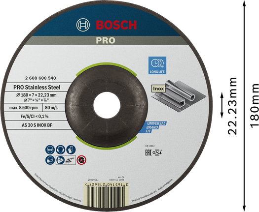 Disco de amolar Bosch PRO de acero inoxidable de 180 mm de larga duración.